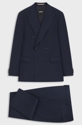 Two-piece slim-fit suit in striped linen and wool, Dark Blue