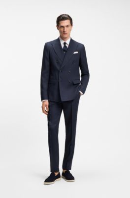Two-piece slim-fit suit in striped linen and wool, Dark Blue