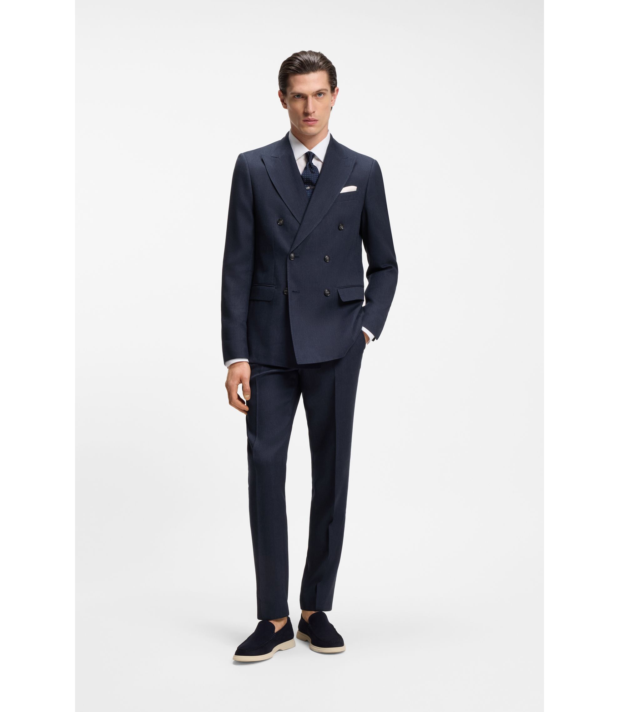 HUGO BOSS ストライプスーツ ネイビー BOSS - スリムフィット ツーピーススーツ ストライプ リネン/ウール