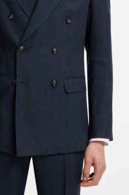 Two-piece slim-fit suit in striped linen and wool, Dark Blue