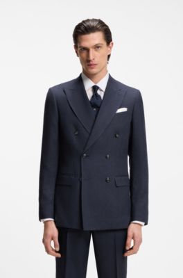 Two-piece slim-fit suit in striped linen and wool, Dark Blue