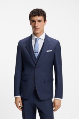 Three-piece slim-fit suit in virgin wool, Dark Blue
