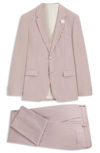 Traje slim fit con chaleco en sarga de lana virgen, Rosa claro