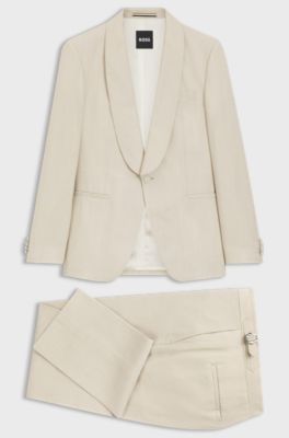 Two-piece slim-fit tuxedo suit in virgin wool and linen, Light Beige