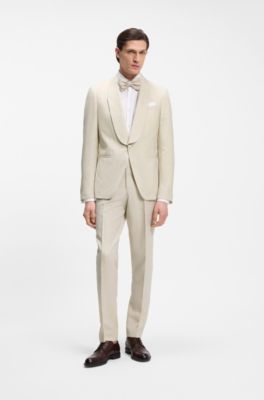 Abito smoking due pezzi slim fit in lana vergine e lino, Beige chiaro