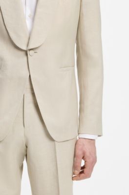Abito smoking due pezzi slim fit in lana vergine e lino, Beige chiaro