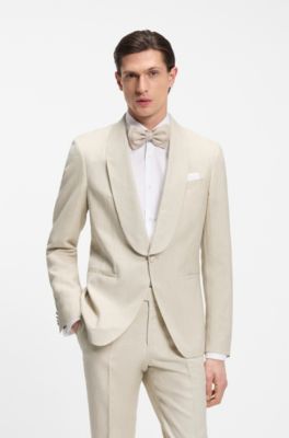 Two-piece slim-fit tuxedo suit in virgin wool and linen, Light Beige