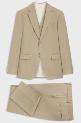 Slim-Fit Dreiteiler aus Schurwoll-Serge, Hellbeige