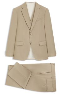 Three-piece slim-fit suit in virgin-wool serge, Light Beige