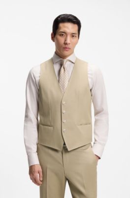 Tredelad slim fit-kostym av serge i jungfruull, Ljusbeige