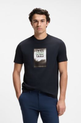 T-shirt i bomuldsjersey med trykt grafik, M&oslash;rkebl&aring;