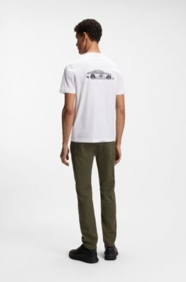 Porsche x BOSS-T-shirt van gemerceriseerde katoen met graphics op de rug, Wit