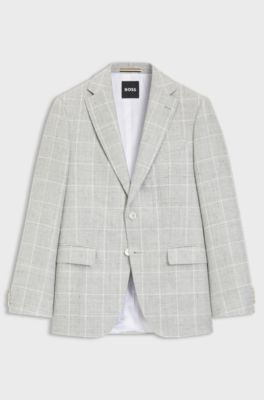 Slim-fit jacket in checked linen and virgin wool, Grey Patterned