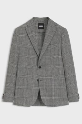 Slim-fit blazer in checked cotton and linen, Black