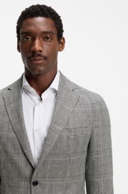 Slim-fit blazer in checked cotton and linen, Black