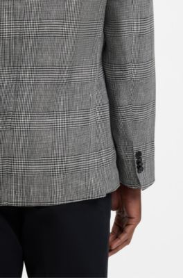 Slim-fit blazer in checked cotton and linen, Black