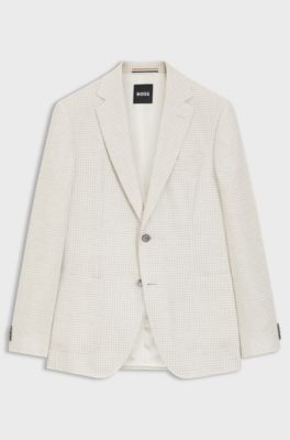 Slim-fit blazer in checked linen, cotton and silk, Light Beige