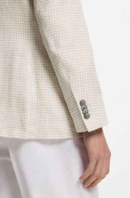 Slim-fit blazer in checked linen, cotton and silk, Light Beige