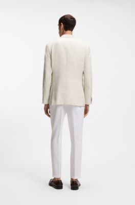 Slim-fit blazer in checked linen, cotton and silk, Light Beige