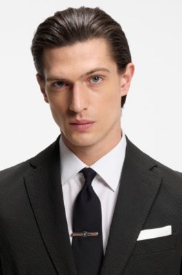 Slim-fit jacket in stretch-cotton seersucker, Black