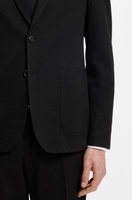 Slim-fit jacket in stretch-cotton seersucker, Black