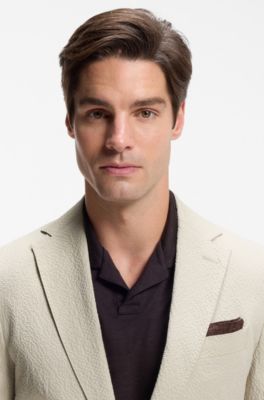 Slim-fit jacket in stretch-cotton seersucker, Light Beige