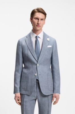 Slim-fit jacket in patterned linen, Light Blue