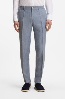 Pantaloni slim fit in lino a motivi, Celeste