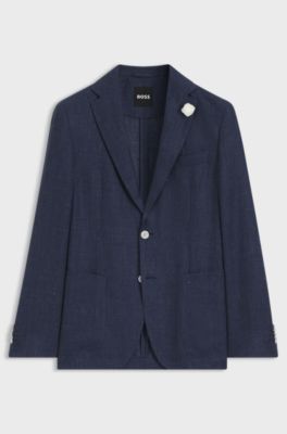 Blazer slim fit in misto lino con micromotivo, Blu scuro