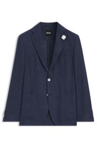 Blazer Slim en lin m&eacute;lang&eacute; &agrave; micro motif, Bleu fonc&eacute;