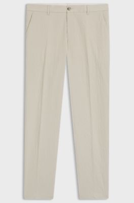 Pantaloni fit affusolato in seersucker di cotone elasticizzato, Beige chiaro