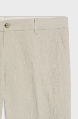 Pantaloni fit affusolato in seersucker di cotone elasticizzato, Beige chiaro