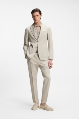 Tapered-fit trousers in stretch-cotton seersucker, Light Beige