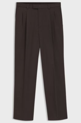 Oversized-fit trousers in stretch cotton with double pleats, Dark Brown