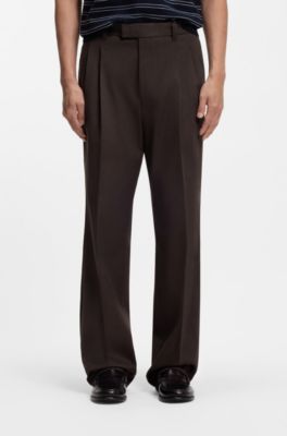 Oversized-fit trousers in stretch cotton with double pleats, Dark Brown