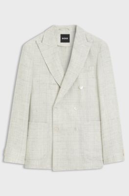 Slim-fit blazer in patterned linen and virgin wool, Light Grey