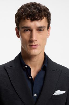 Slim-fit blazer in a patterned cotton blend, Dark Blue