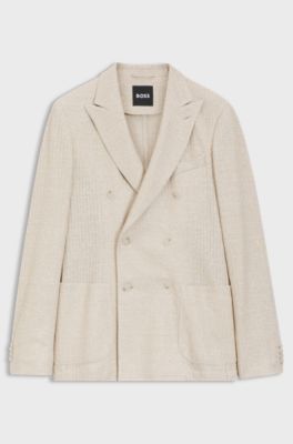 Slim-fit blazer in striped linen and cotton, Light Beige