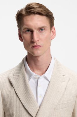 Slim-fit blazer in striped linen and cotton, Light Beige