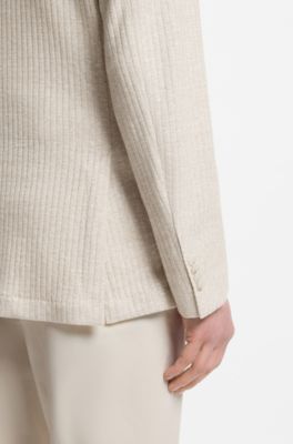 Slim-fit blazer in striped linen and cotton, Light Beige