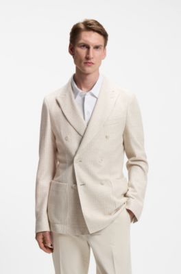 Slim-fit blazer in striped linen and cotton, Light Beige