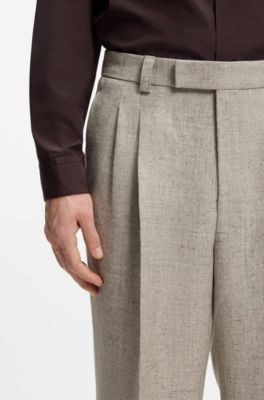Byxor i oversize-fit i mikrom&ouml;nstrat tyg med linne, Ljusbeige