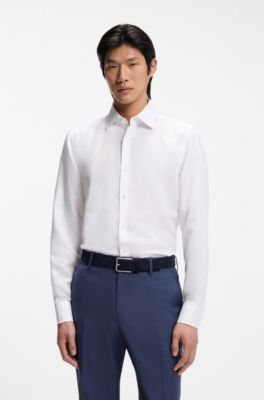 Camicia slim fit in twill di misto lino, Bianco