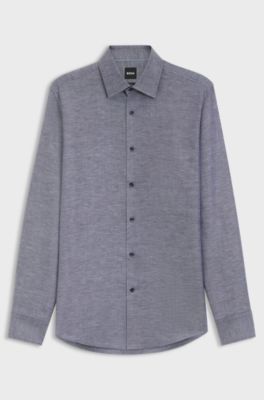 Chemise Slim Fit en twill de lin m&eacute;lang&eacute;, Bleu fonc&eacute;