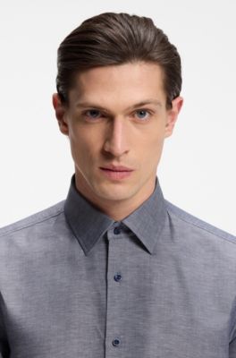 Slim-fit shirt in linen-blend twill, Dark Blue