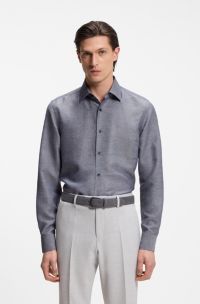 Slim-fit shirt in linen-blend twill, Dark Blue