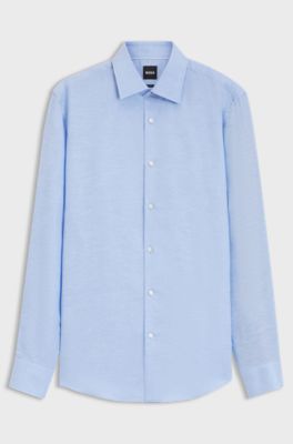 Camicia slim fit in twill di misto lino, Celeste