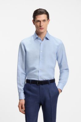 Camicia slim fit in twill di misto lino, Celeste