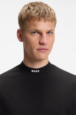 Relaxed-fit mock-neck T-shirt in stretch cotton, Black