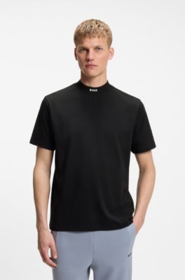 Relaxed-fit mock-neck T-shirt in stretch cotton, Black